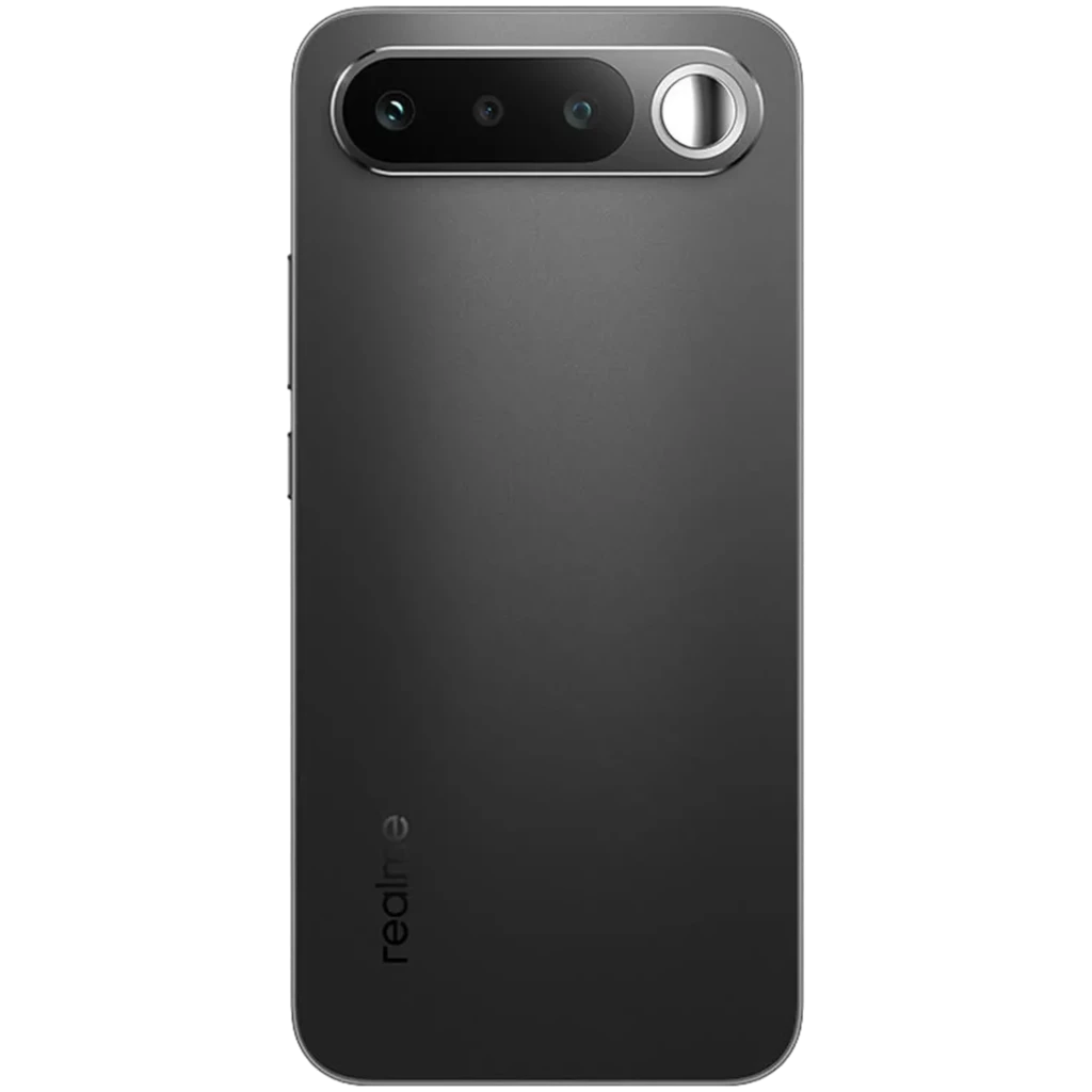 Realme 16 5G preto com tela ampla perfurada central, módulo de câmeras triplo traseiro destacado e acabamento fosco elegante - Item2