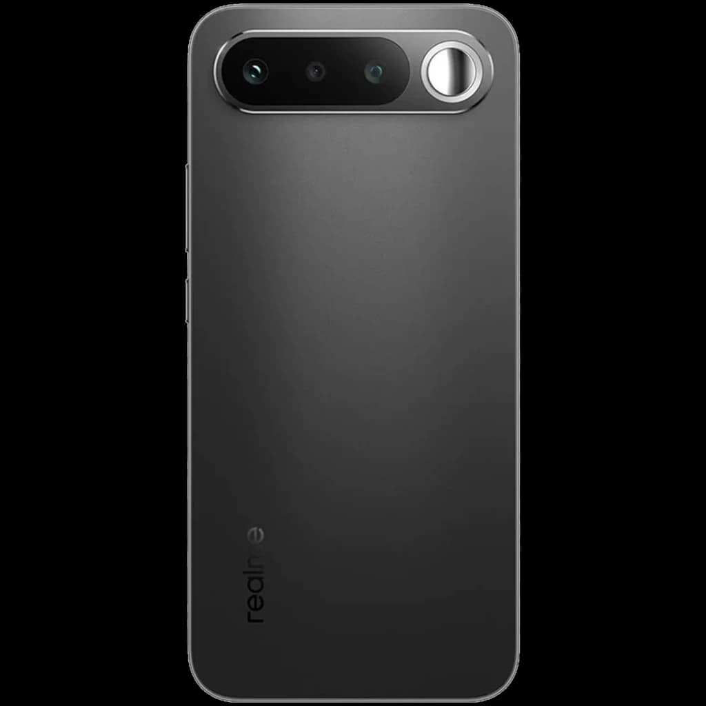 Realme 16 5G noir avec dos mat, module photo horizontal 50 MP à triple capteur et grand anneau métallique, tranches plates argentées élégantes