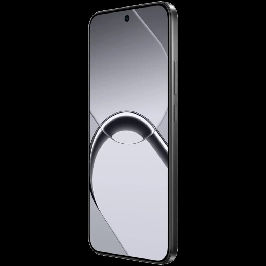 Realme 16 5G noir avec écran bord à bord perforé centré, bords fins et cadre latéral gris avec boutons volume et alimentation visibles
