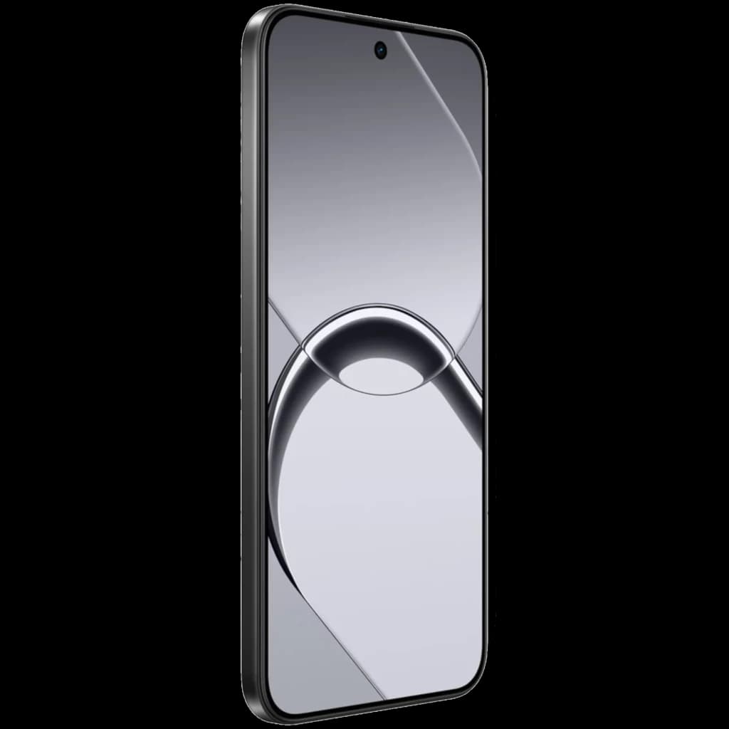 Smartphone Realme 16 5G noir, écran bord à bord avec poinçon central, bords fins, profil élégant en métal sombre, reflets argentés sur la vitre frontale