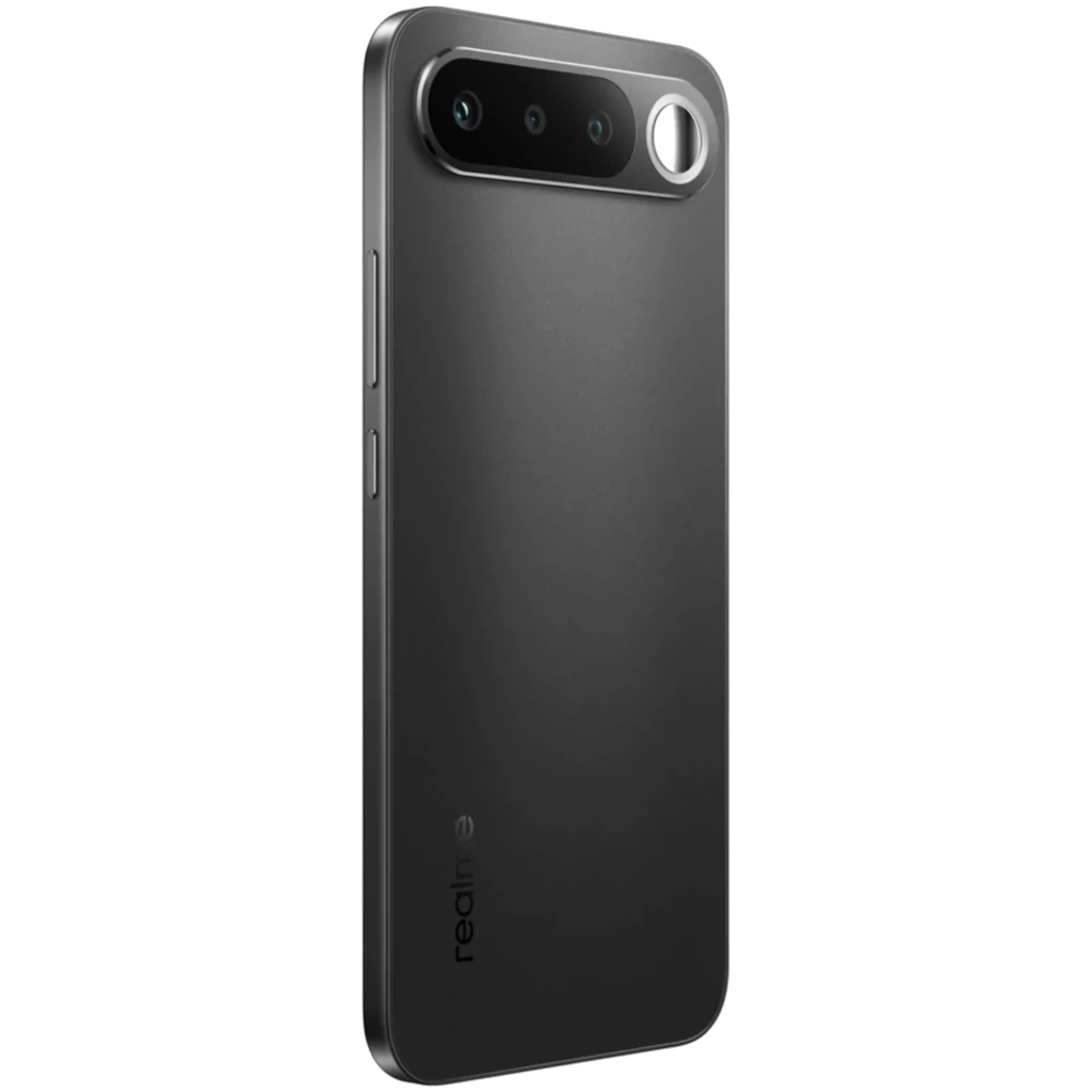 Realme 16 5G preto com tela ampla perfurada central, módulo de câmeras triplo traseiro destacado e acabamento fosco elegante - Item5