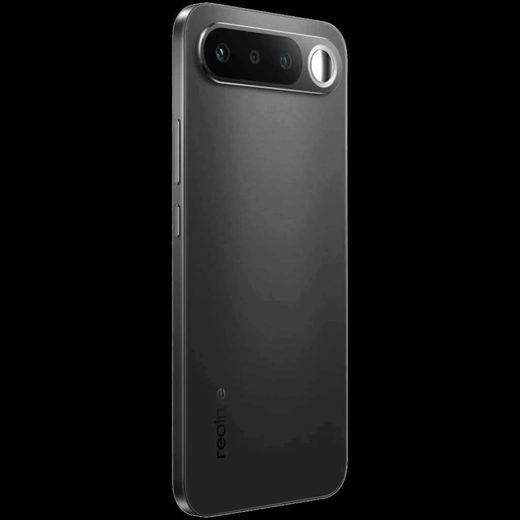 Coque arrière noire Realme 16 5G avec module photo horizontal, double capteur et flash circulaire proéminent, bords plats et boutons latéraux élégants