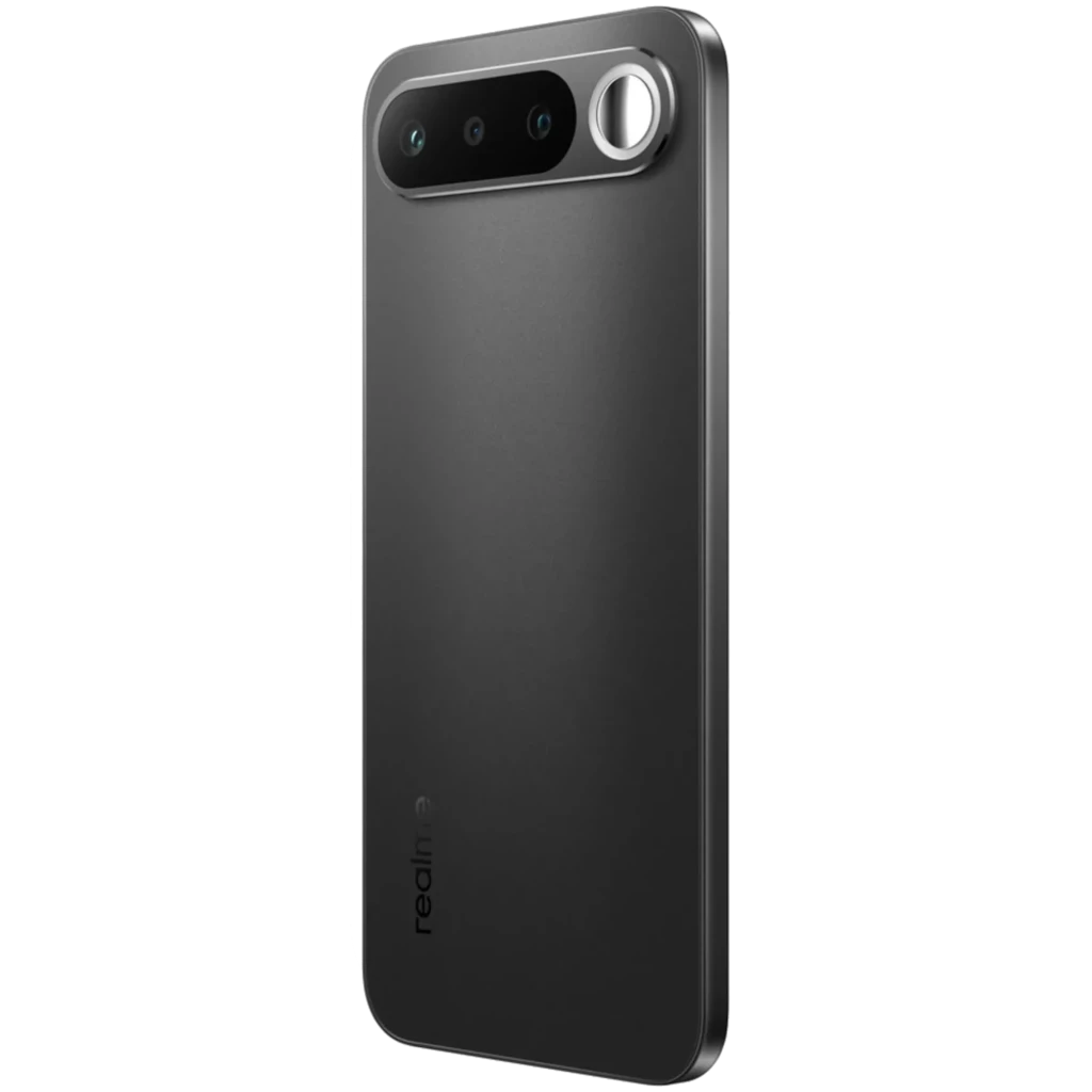 Realme 16 5G preto com tela ampla perfurada central, módulo de câmeras triplo traseiro destacado e acabamento fosco elegante - Item6