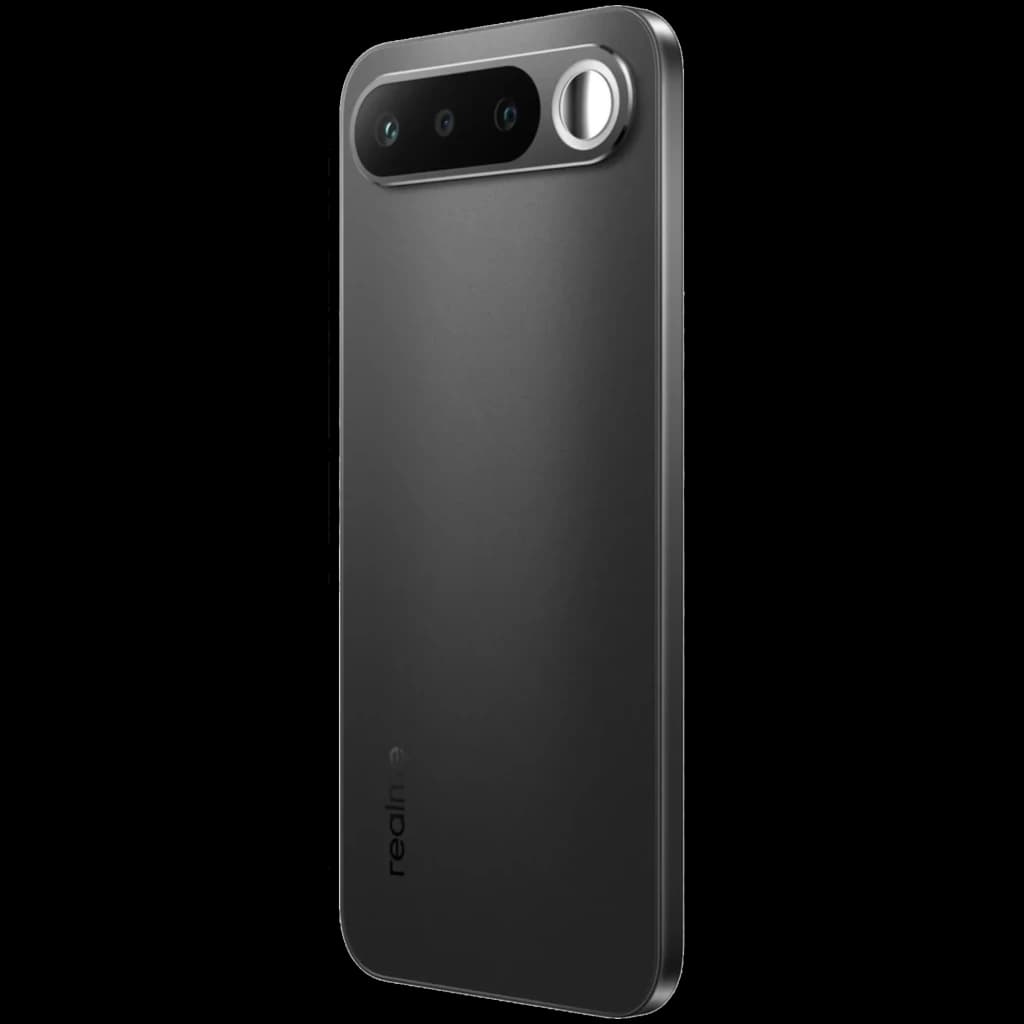 Realme 16 5G noir avec dos mat, module photo horizontal double capteur et anneau proéminent, bords plats élégants pour une prise en main moderne
