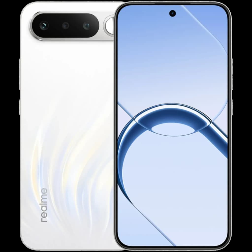 Realme 16 5G blanc avec dos nacré, module photo triple horizontal et écran AMOLED bord à bord 120 Hz avec poinçon centré