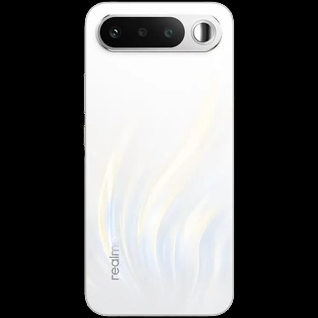 Dos blanc élégant avec reflets nacrés, module photo horizontal noir et grand anneau pour capteur, logo realme discret en bas, finition lisse moderne
