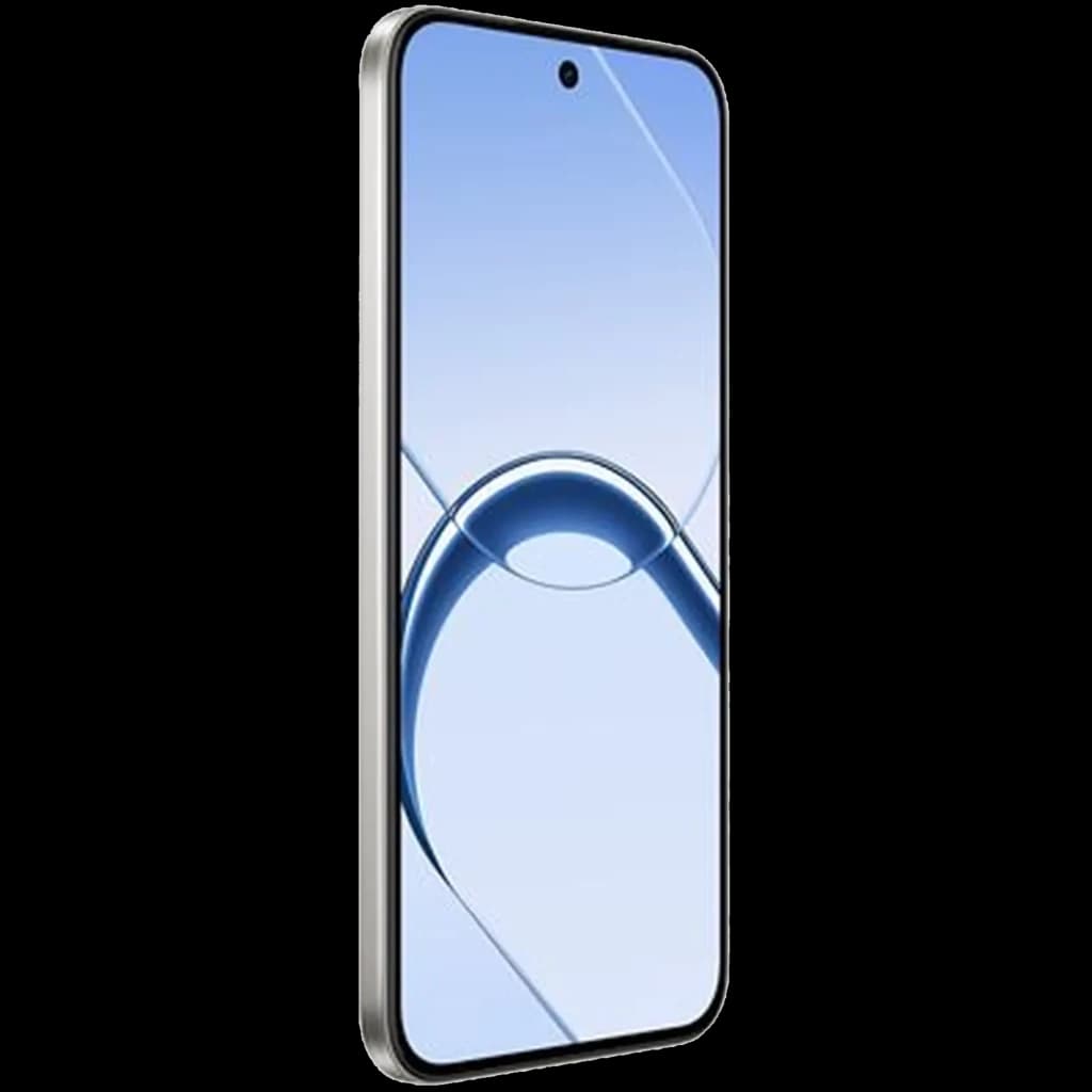 Smartphone Realme 16 5G blanc, écran AMOLED 120 Hz bord à bord, poinçon central, bords fins, châssis argenté élégant, façade vitrée brillante