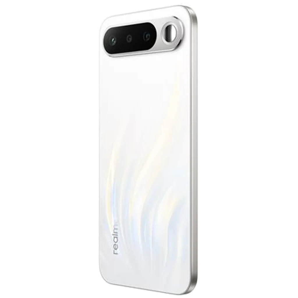 Realme 16 5G branco com traseira perolada, módulo de câmera tripla horizontal e tela AMOLED 120 Hz com furo central; bordas finas e design elegante - Item4