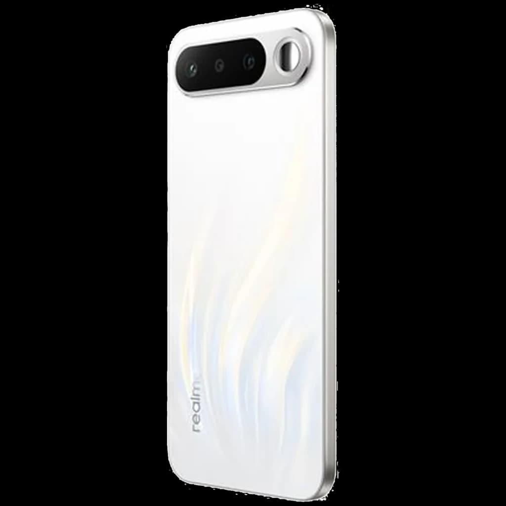 Realme 16 5G blanc avec dos nacré, module photo horizontal noir à trois capteurs et grand anneau pour lobjectif, bords plats élégants