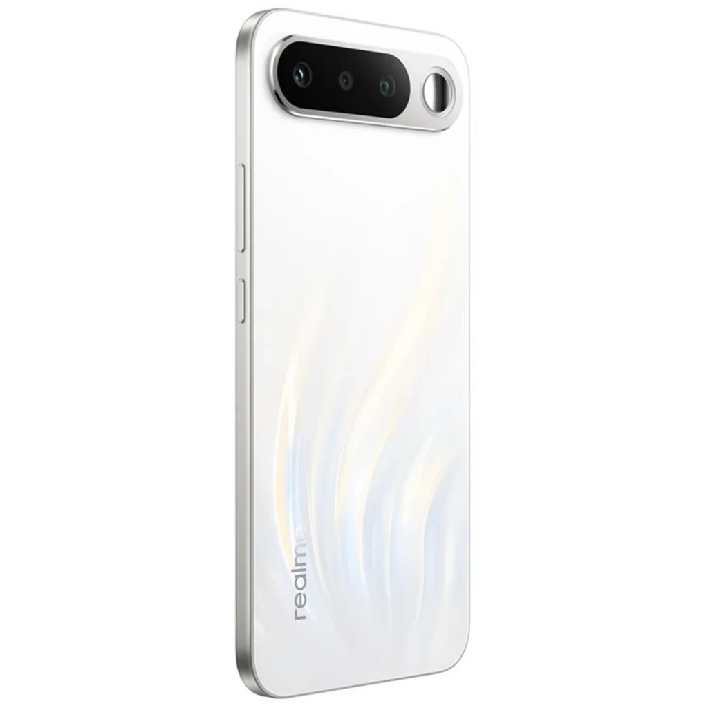 Realme 16 5G branco com traseira perolada, módulo de câmera tripla horizontal e tela AMOLED 120 Hz com furo central; bordas finas e design elegante - Item5