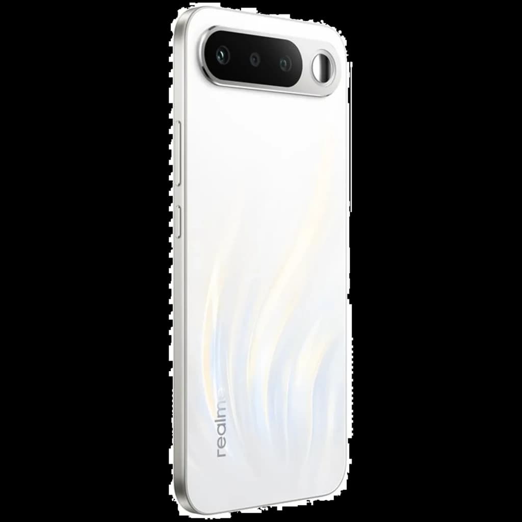 Realme 16 5G blanc avec dos nacré, module photo horizontal triple capteur et grand anneau LED, bords plats métallisés, design épuré et moderne