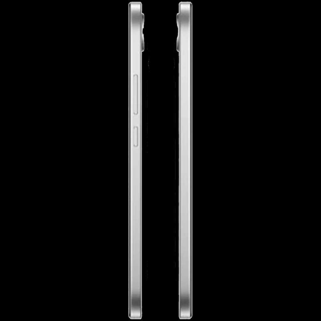 Profil latéral blanc du Realme 16 5G avec bords plats, cadre métal argenté, boutons volume et alimentation, module photo arrière légèrement proéminent