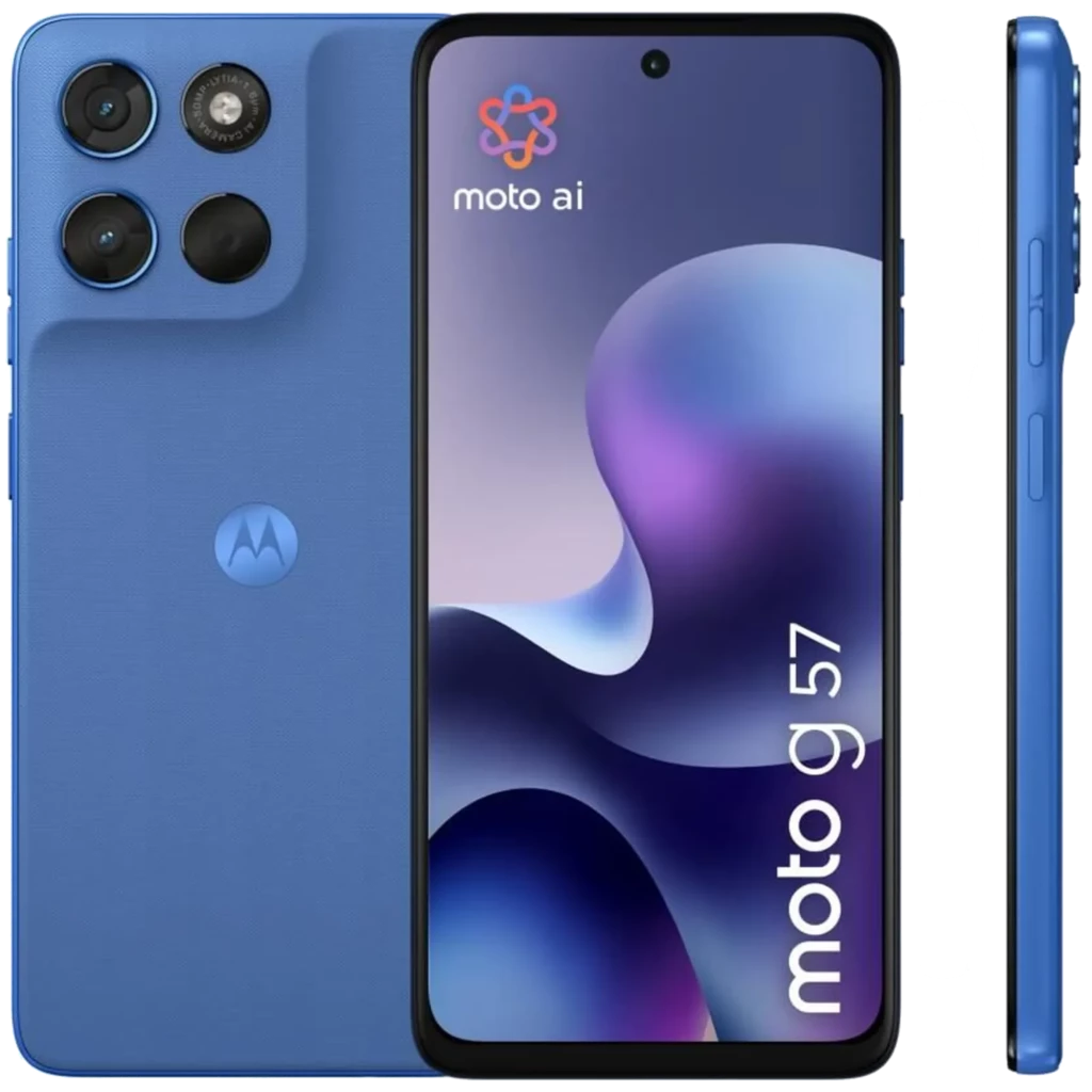 Motorola Moto G57 5G azul com ecrã 120 Hz, orifício central para câmara frontal, módulo traseiro triplo com lentes grandes e acabamento fosco elegante - Item1