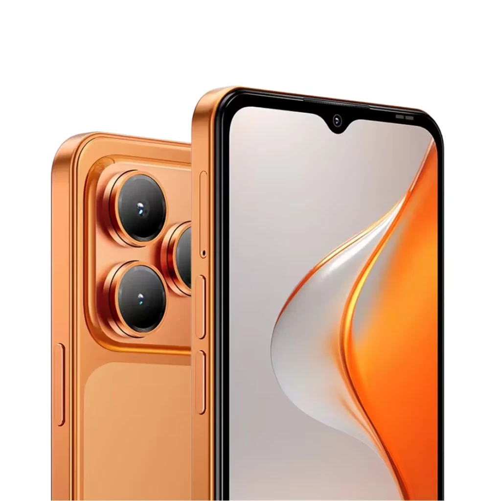Blackview WAVE 7C laranja com traseira metálica, módulo triplo de câmeras em círculo, flash duplo e tela frontal com notch em gota e bordas finas - Item1