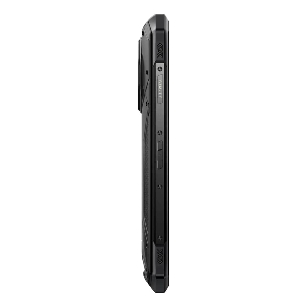 Lateral del Doogee S300 Pro gris con cuerpo rugerizado, botones físicos, borde texturizado y módulo de cámara sobresaliente triple protección real