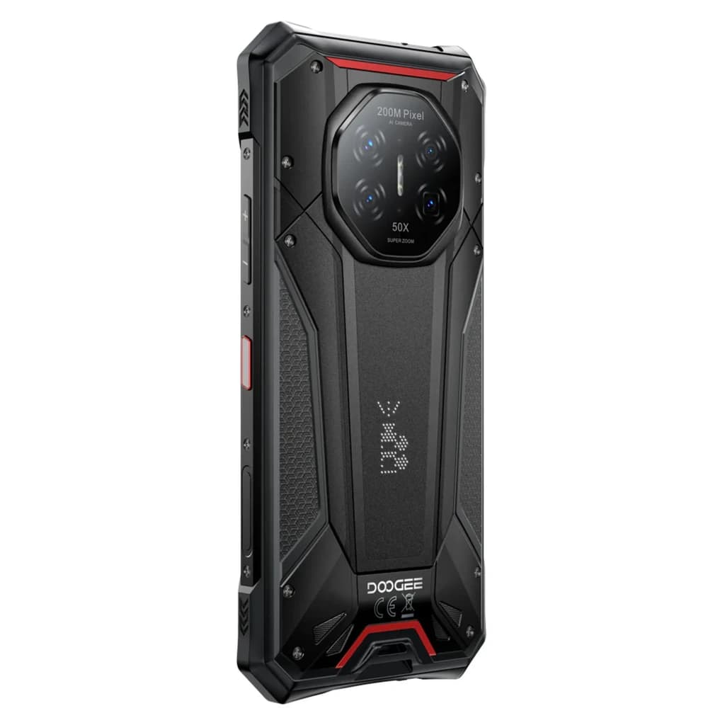 Doogee S300 Pro gris con cuerpo robusto y triple protección, módulo trasero octagonal con cámara 200 Mpx y zoom 50x, detalles rojos y textura antideslizante