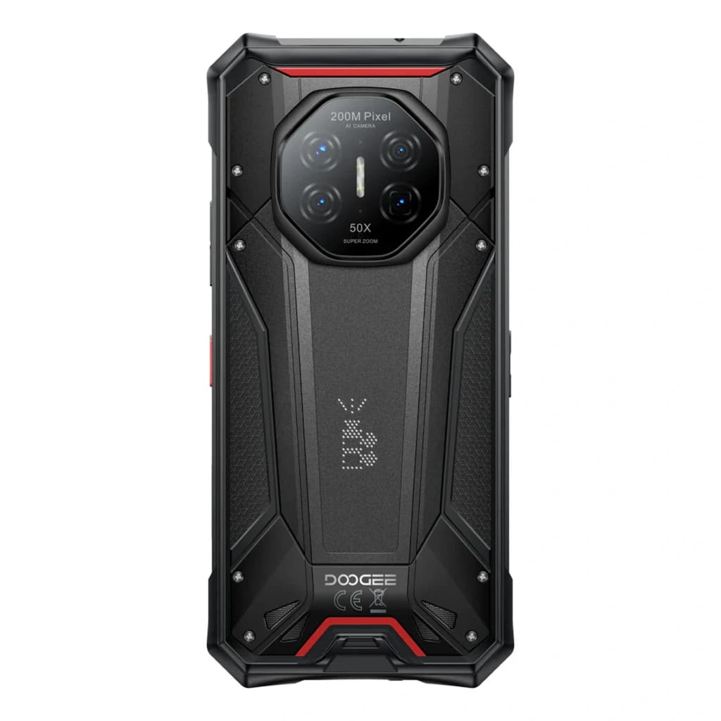 Doogee S300 Pro gris: diseño robusto con triple protección, módulo trasero con cuatro cámaras 200 Mpx y zoom 50x, detalles rojos y textura antideslizante