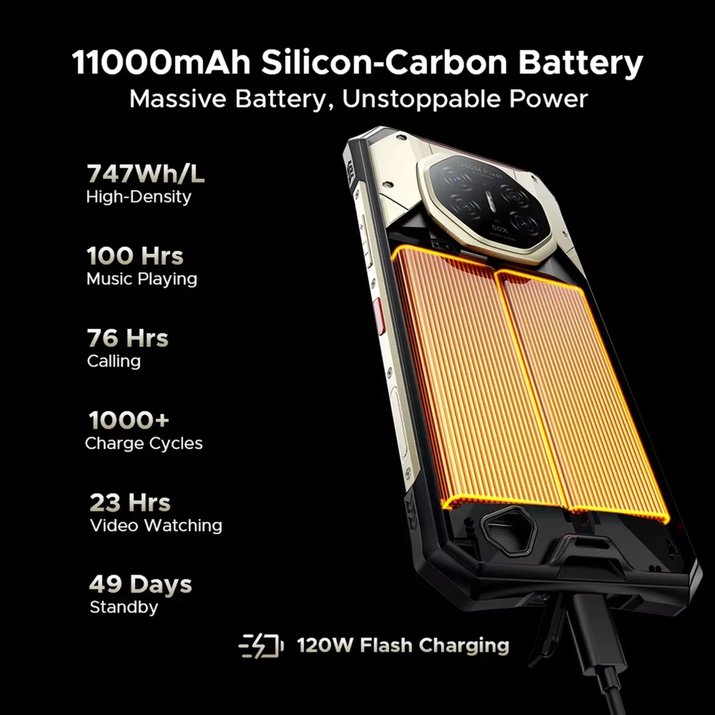 Doogee S300 Plus preto robusto com corpo reforçado, câmera traseira octogonal 200 MP 50x, LED DOOGEE, tela grande com bordas angulares e detalhes vermelhos - Item7