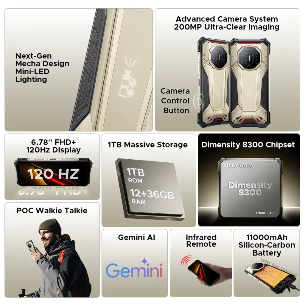 Doogee S300 Plus preto robusto com corpo reforçado, câmera traseira octogonal 200 MP 50x, LED DOOGEE, tela grande com bordas angulares e detalhes vermelhos - Item3