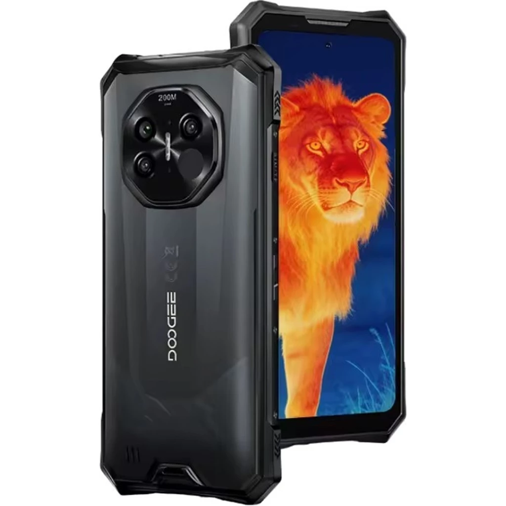 Doogee S300 Plus preto robusto com corpo reforçado, câmera traseira octogonal 200 MP 50x, LED DOOGEE, tela grande com bordas angulares e detalhes vermelhos - Item1