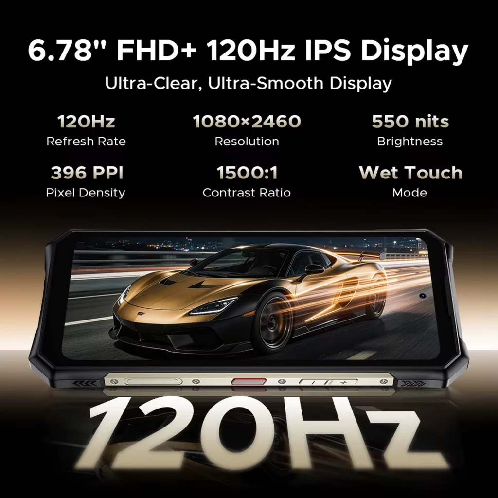 Doogee S300 Plus preto robusto com corpo reforçado, câmera traseira octogonal 200 MP 50x, LED DOOGEE, tela grande com bordas angulares e detalhes vermelhos - Item4