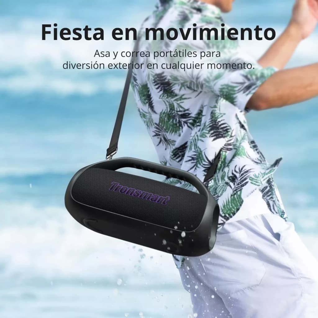 Enceinte portable Tronsmart Bang 2 Bleu 90 W avec poignée intégrée, sangle d’épaule, grille noire logo violet, design robuste résistant aux