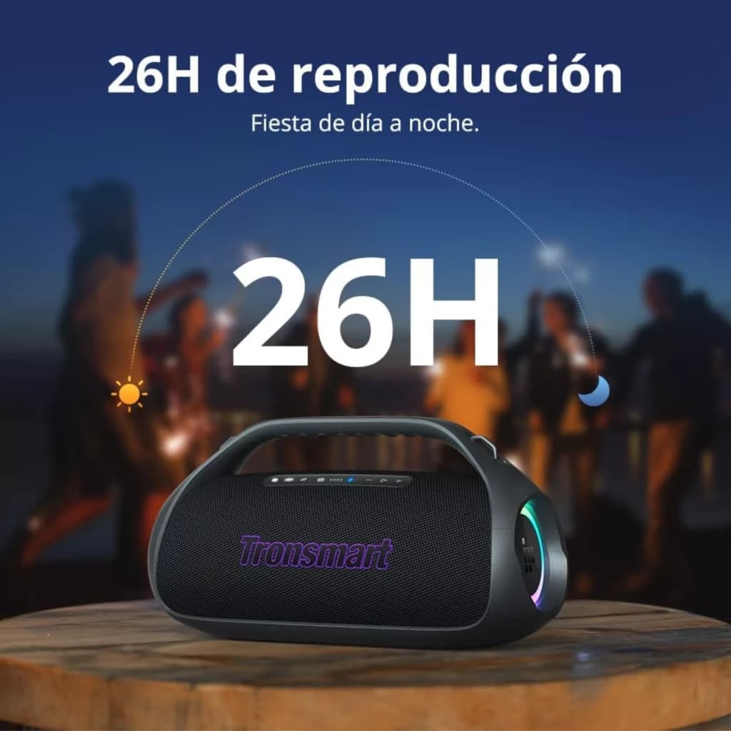 Tronsmart Bang 2 Bleu 90 W enceinte Bluetooth 2.1 avec poignée, grille noire et anneaux LED RGB latéraux, affiche 26 h d autonomie sur l écran promotionnel