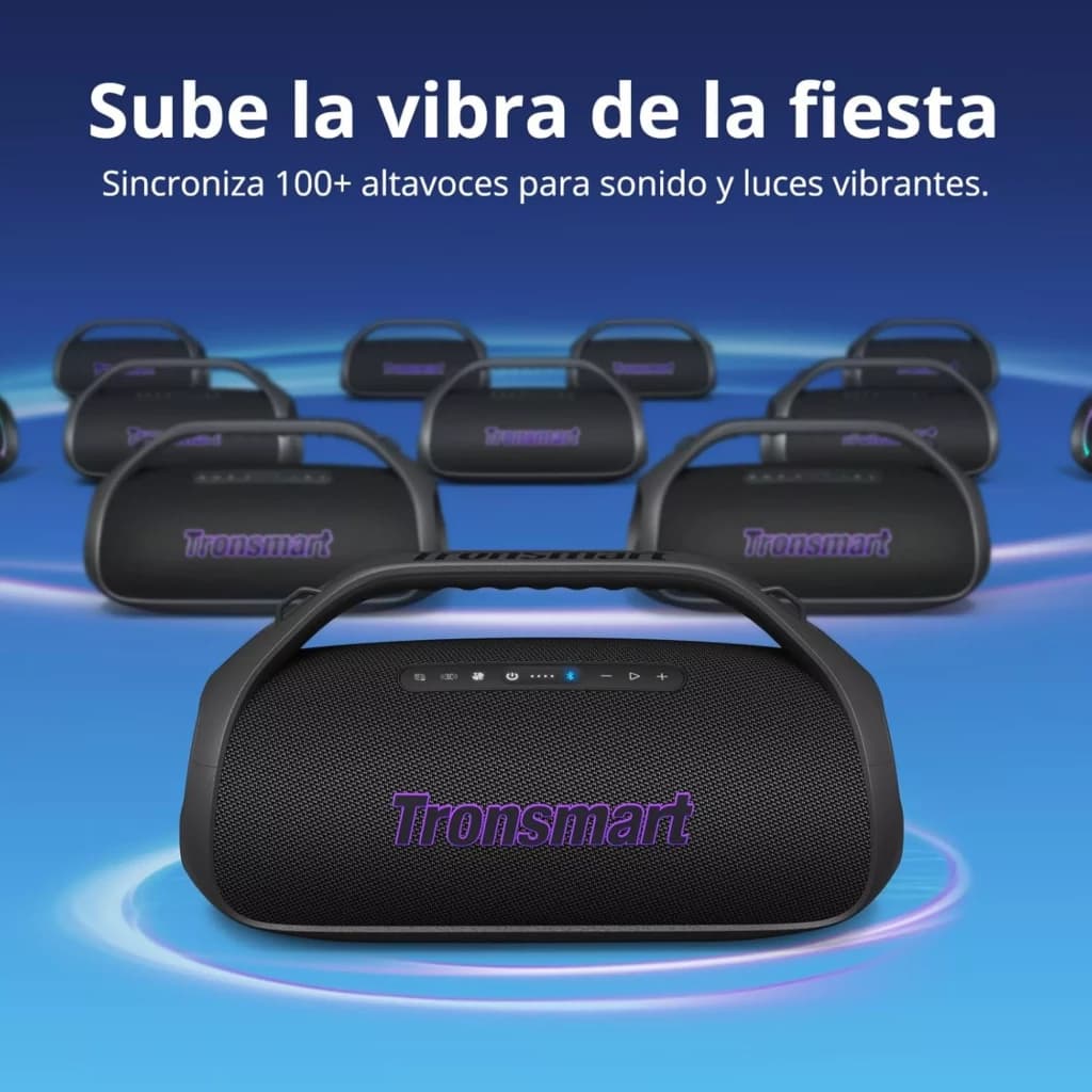 Enceinte Tronsmart Bang 2 Bleu 90 W au design portable avec poignée, grille noire, logo violet, voyants LED supérieurs et multiples unités synchronisées en