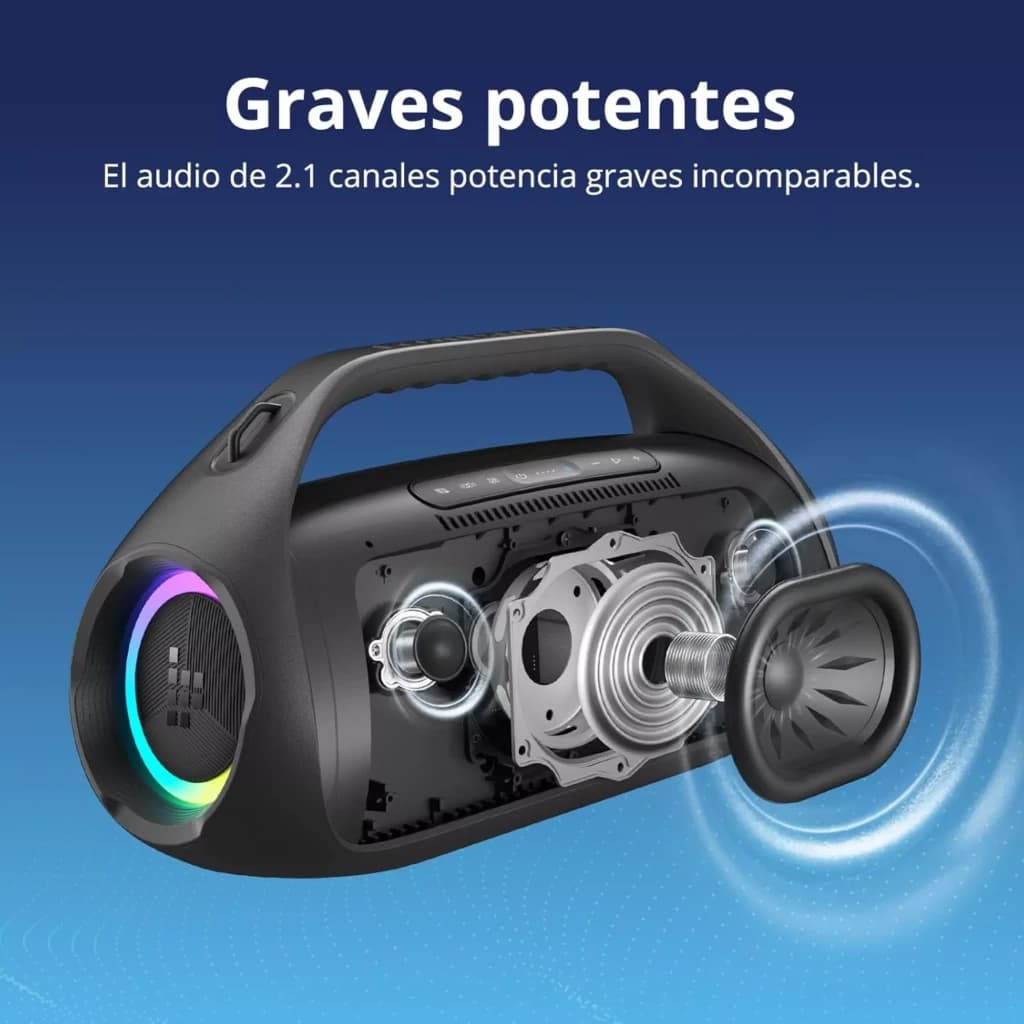 Tronsmart Bang 2 Bleu 90 W avec poignée, éclairage LED arc-en-ciel, design 2.1 visible avec woofer central et radiateurs passifs, façade noire robuste