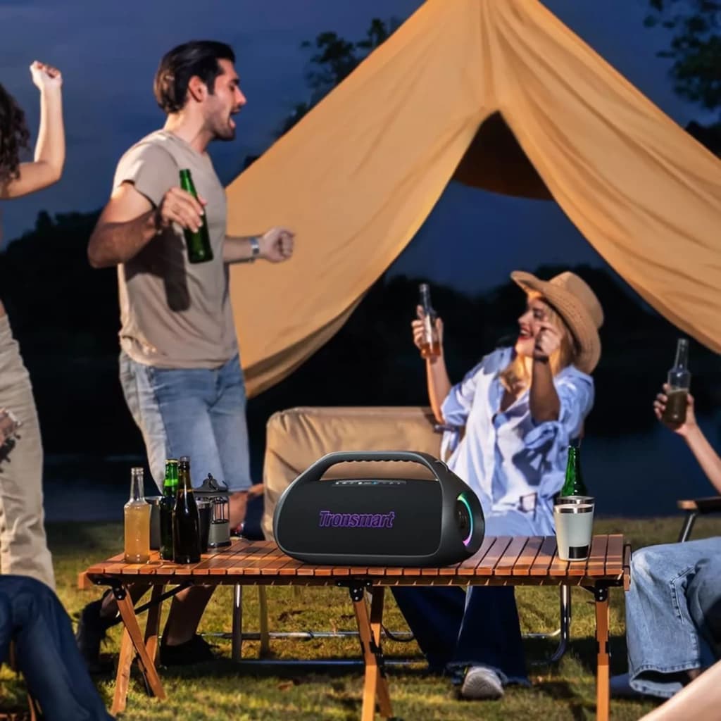 Tronsmart Bang 2 Bleu 90 W enceinte portable avec poignée, anneaux LED RVB, boîtier robuste noir, logo violet lumineux, ambiance fête en plein air