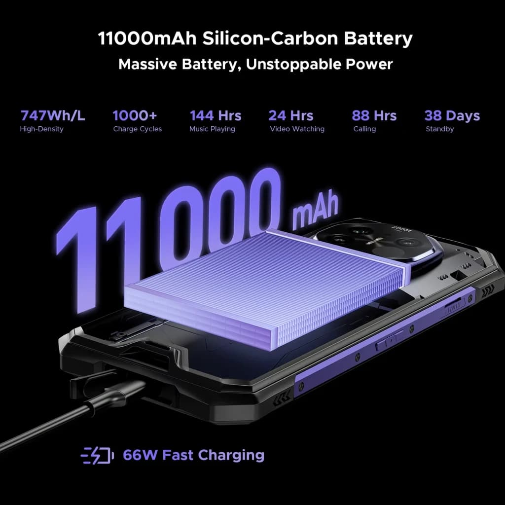 Doogee S300 Plus Thermal 1TB negro con batería 11000 mAh, carga rápida 66W, hasta 38 días en espera y más de 1000 ciclos; diseño robusto y potente