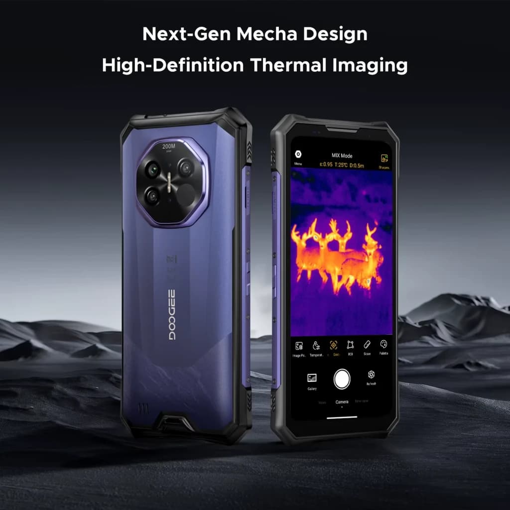 Doogee S300 Plus Thermal 1TB negro con diseño robusto, módulo de cámaras circular y pantalla mostrando imagen térmica de alta definición en cuerpo