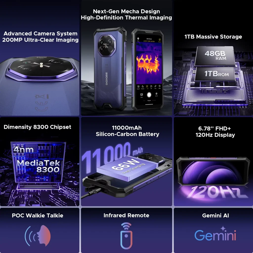 Doogee S300 Plus Thermal noir robuste, double vue avant arrière, grand écran percé, module photo octogonal proéminent, bords renforcés antichoc - Ítem1