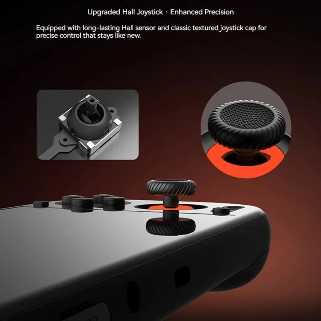 AYN Odin 3 avec joystick Hall amélioré, capot texturé et boutons noirs brillants ; détail du joystick et de son mécanisme mis en évidence en rouge