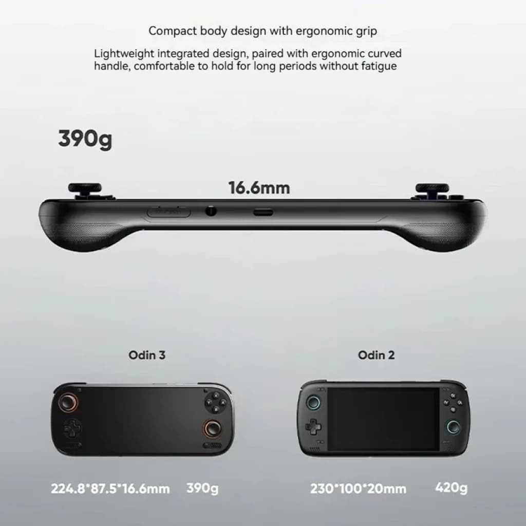 AYN Odin 3 : 16,6 mm d'épaisseur, 390 g, design compact et ergonomique avec une prise en main confortable et des joysticks surélevés