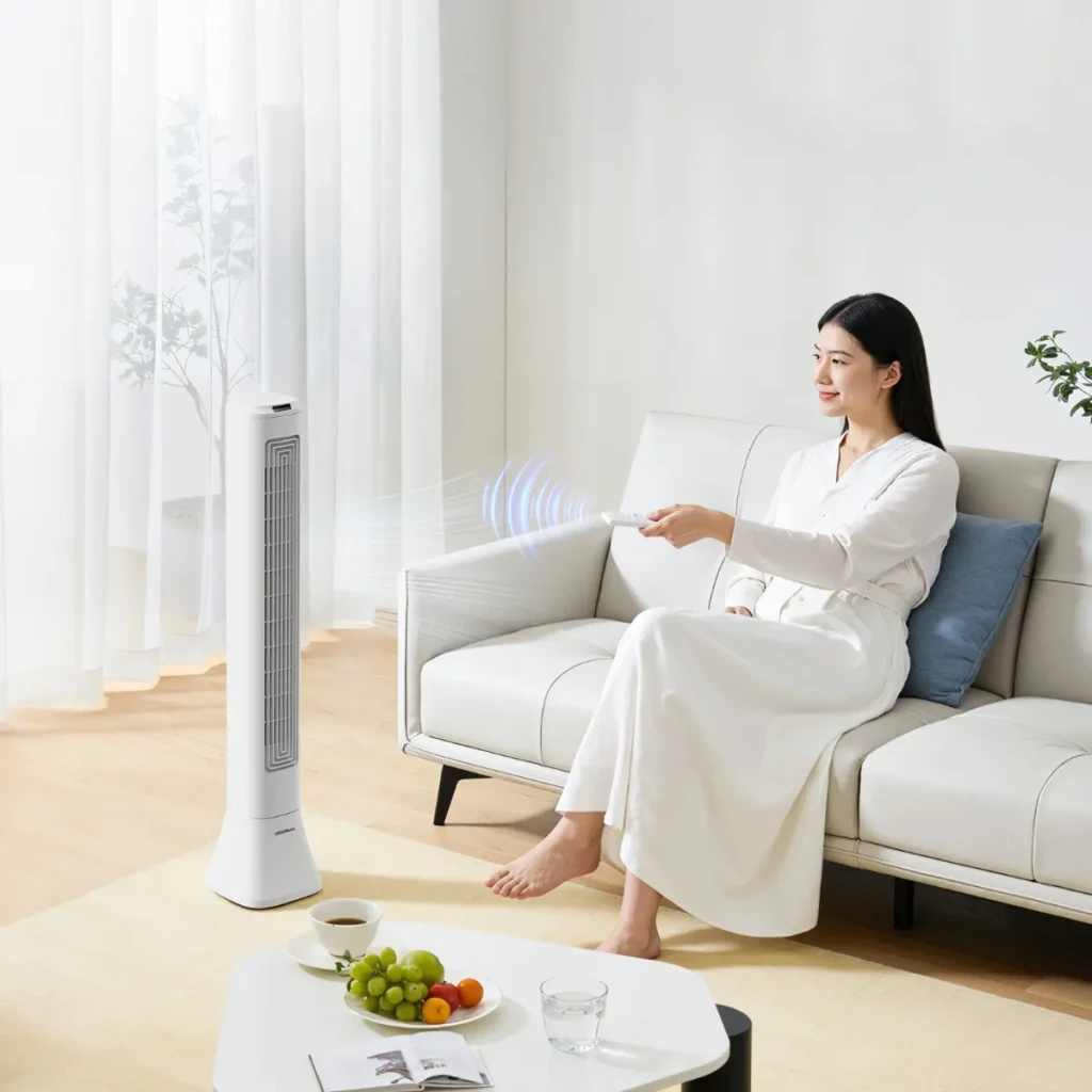 Deerma FD130W 45W ventilador de torre branco, design esguio, grelha frontal alta, base larga e estável, fluxo de ar vertical para ambientes modernos - Item9