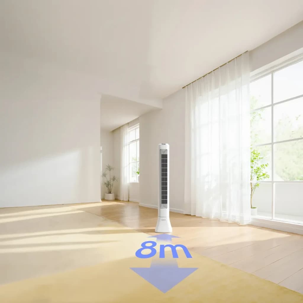 Deerma FD130W 45W ventilador de torre branco, design esguio com grelha vertical, base ampla e alcance de vento de até 8 m, ideal para salas iluminadas