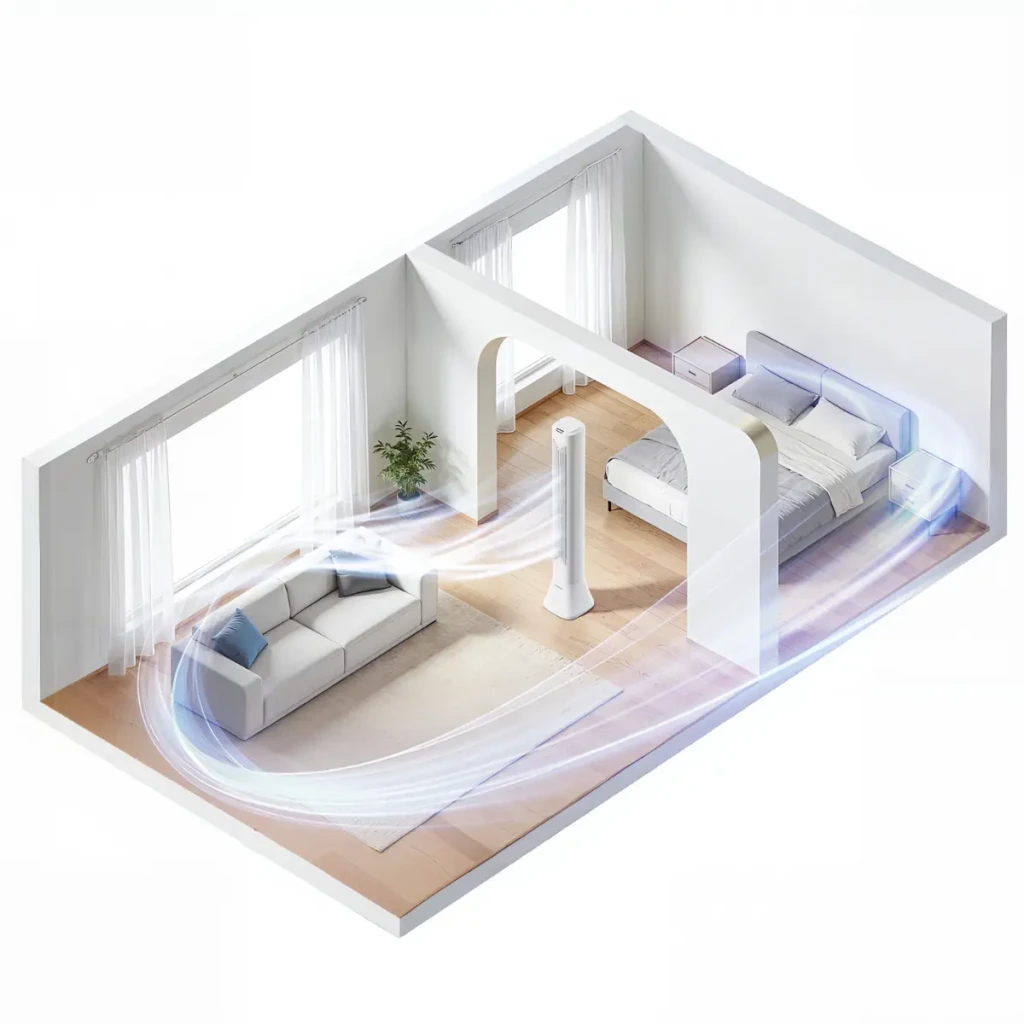 Deerma FD130W 45W ventilador de torre branco, design esguio, grelha frontal alta, base larga e estável, fluxo de ar vertical para ambientes modernos - Item4