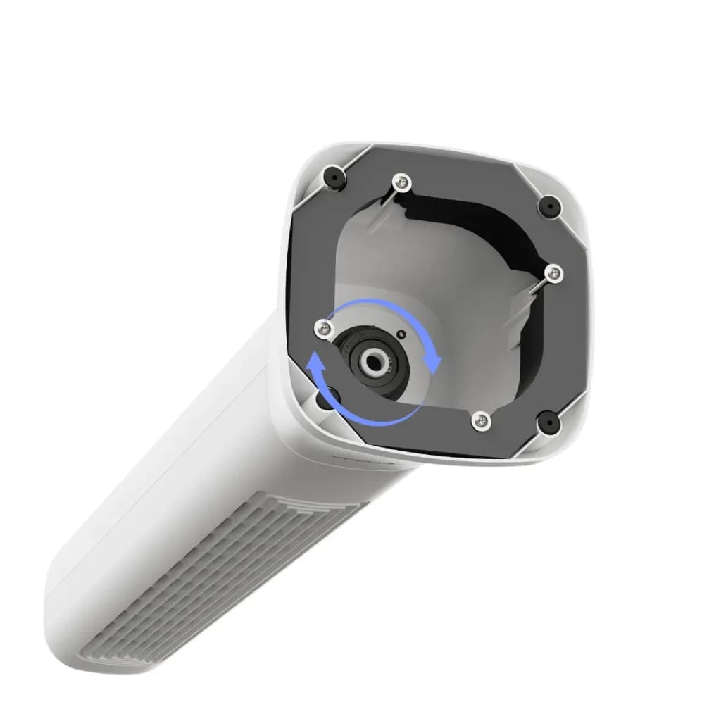Deerma FD130W 45W – base do ventilador de torre com encaixe central e parafusos expostos, corpo branco com grelhas verticais e detalhe de rotação azul
