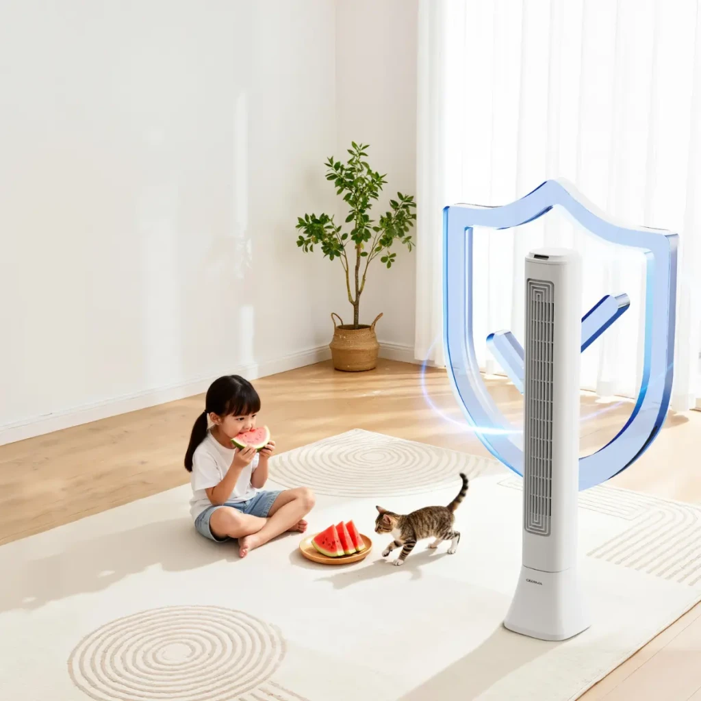 Deerma FD130W 45W ventilador de torre branco, design esguio, grelha frontal alta, base larga e estável, fluxo de ar vertical para ambientes modernos - Item8
