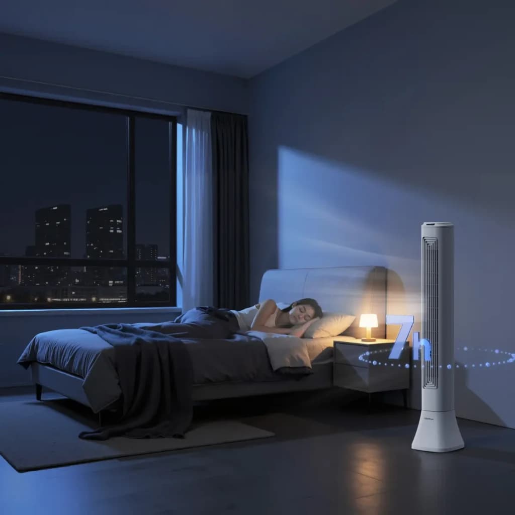 Deerma FD130W 45W ventilador de torre branco com oscilação, temporizador 7h e design slim; silencioso ao lado da cama em quarto noturno iluminado por abajur
