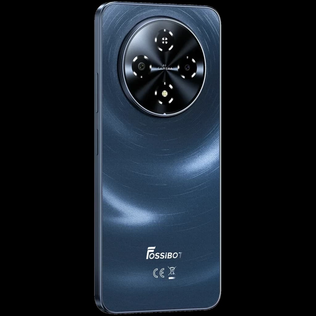 Smartphone Fossibot S5 Pro noir, dos texturé bleu nuit, module photo circulaire à quatre capteurs, bords plats, finition métallique élégante