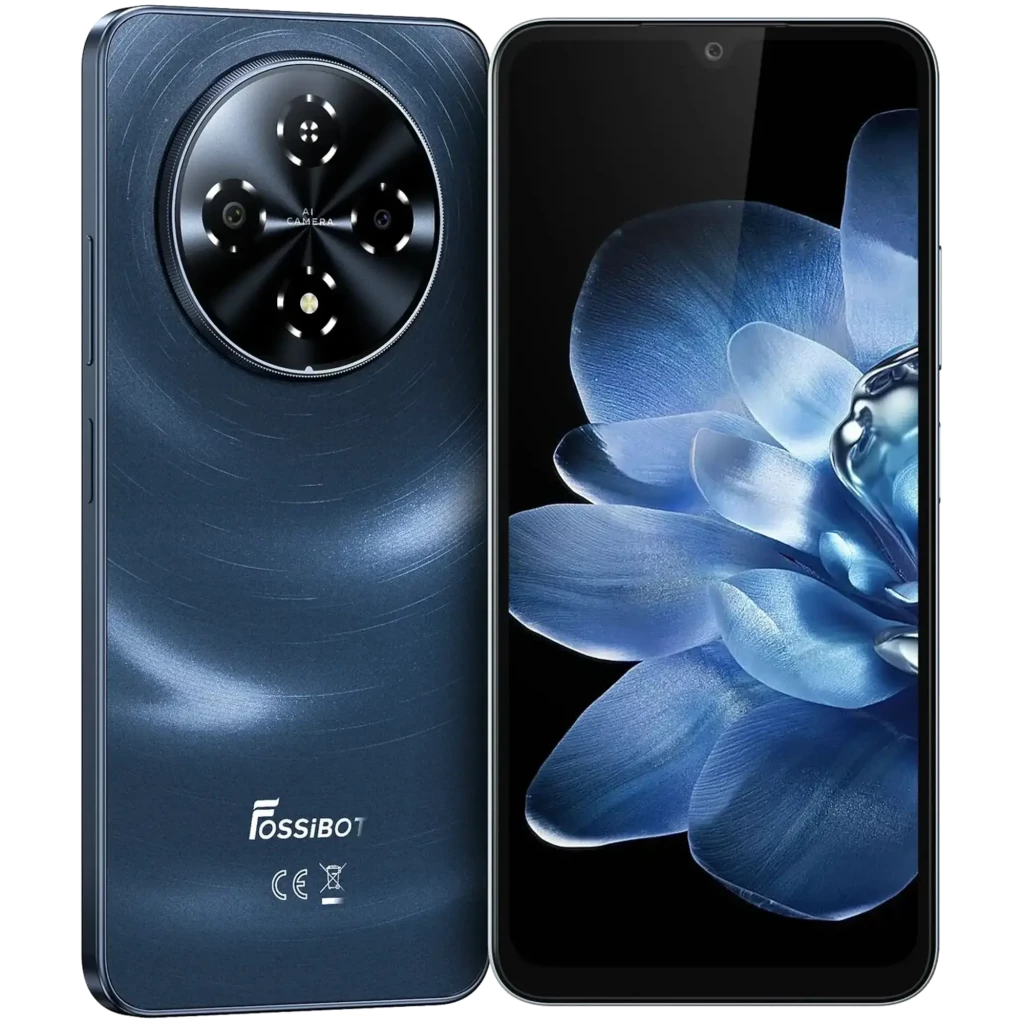 Fossibot S5 Pro negro con pantalla HD+ de 6.88 pulgadas, módulo de cámara circular trasero con 4 lentes y frontal con flor azul vívida en display - Ítem1