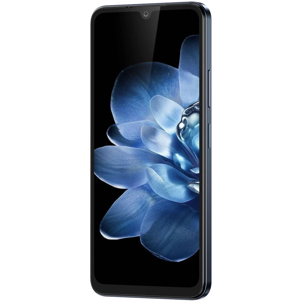 Fossibot S5 Pro negro con pantalla HD+ de 6.88 pulgadas, módulo de cámara circular trasero con 4 lentes y frontal con flor azul vívida en display - Ítem2