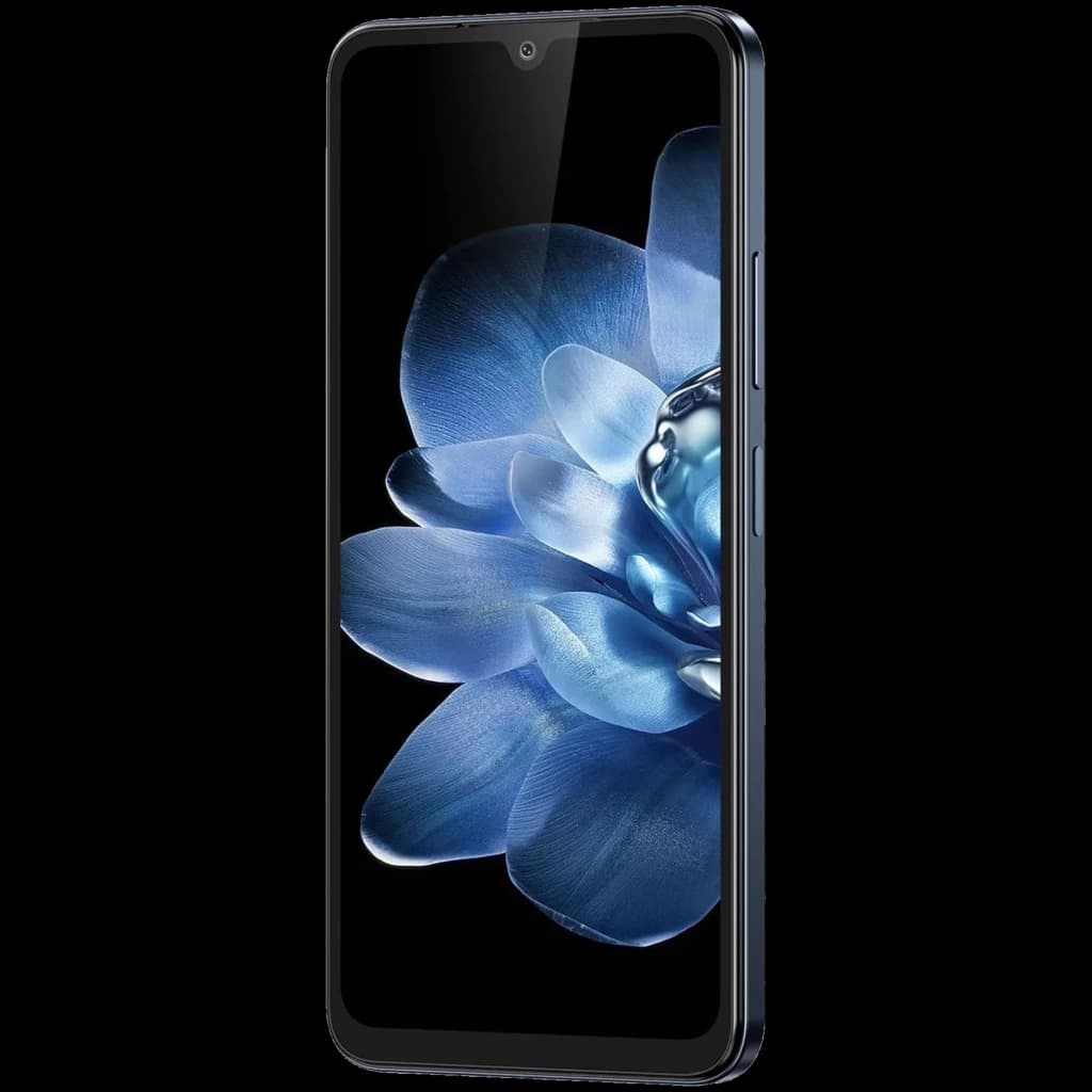 Smartphone Fossibot S5 Pro noir avec grand écran HD+ 6,88 pouces bord à bord, dalle aux bordures fines et design élégant mettant en avant une fleur bleue