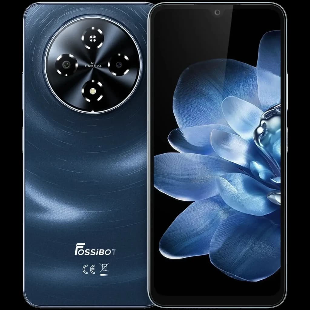 Fossibot S5 Pro 256 Go Noir, grand écran 6,88 HD+, module photo circulaire quadruple à l’arrière, caméra avant centrale, design bleu texturé élégant