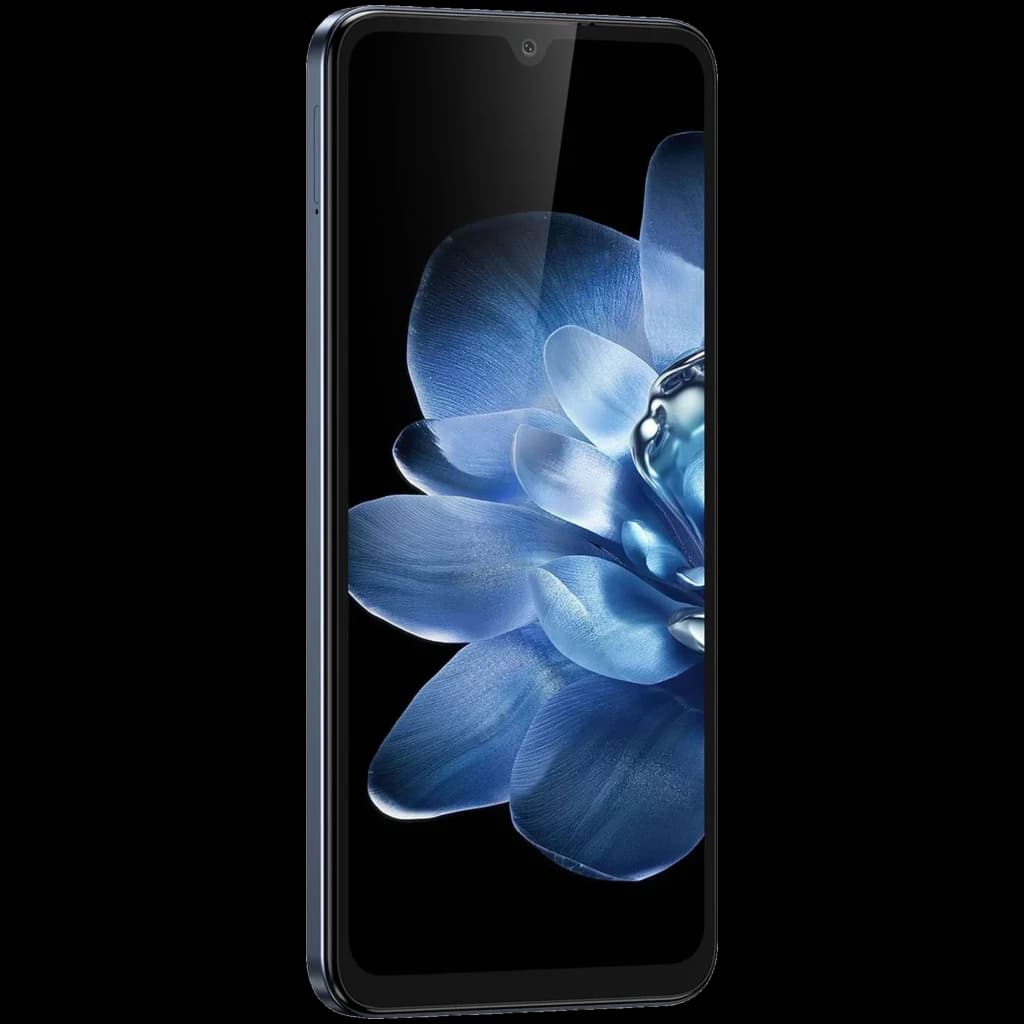 Smartphone Fossibot S5 Pro noir avec grand écran HD+ 6,88 pouces bord à bord, encoche goutte, cadre fin et reflet floral bleu sur la dalle brillante