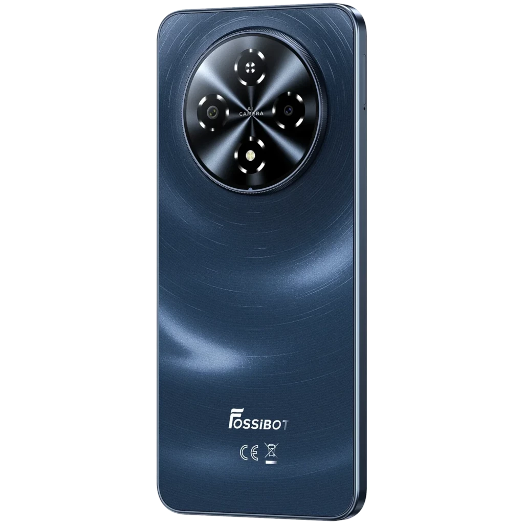 Fossibot S5 Pro negro con pantalla HD+ de 6.88 pulgadas, módulo de cámara circular trasero con 4 lentes y frontal con flor azul vívida en display - Ítem4