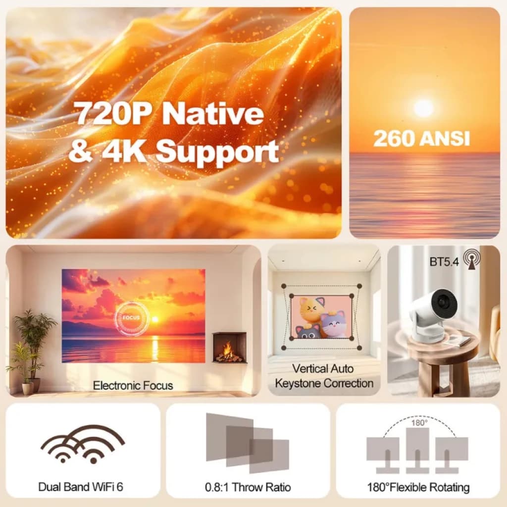 Magcubic HY300 Ultra avec une résolution native de 720p et prise en charge 4K, 260 ANSI, mise au point électronique, correction verticale, Bluetooth 5.4, Wi-Fi 6 et rotation à 180°