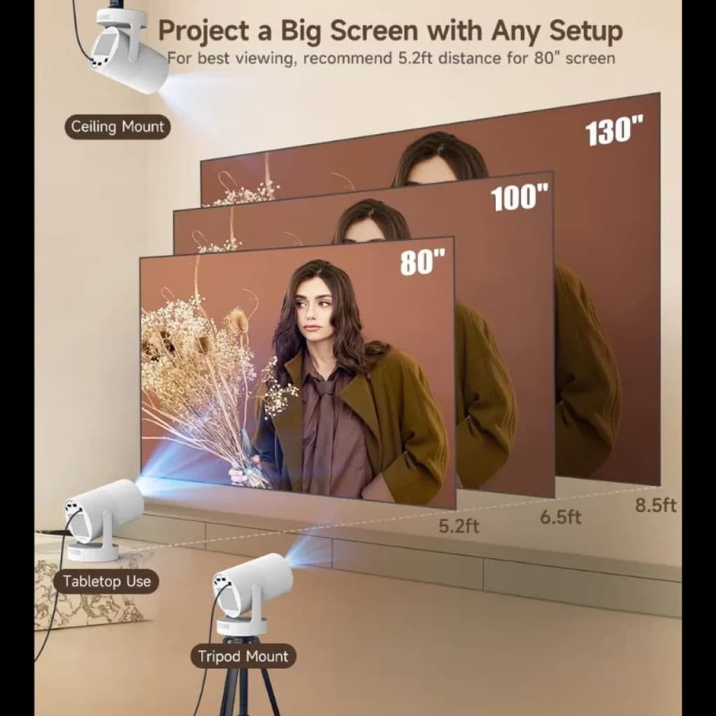 Projecteur compact Magcubic HY300 Ultra blanc, avec support pour fixation au plafond, sur table ou sur trépied ; écran réglable de 80, 100 et 130 pouces